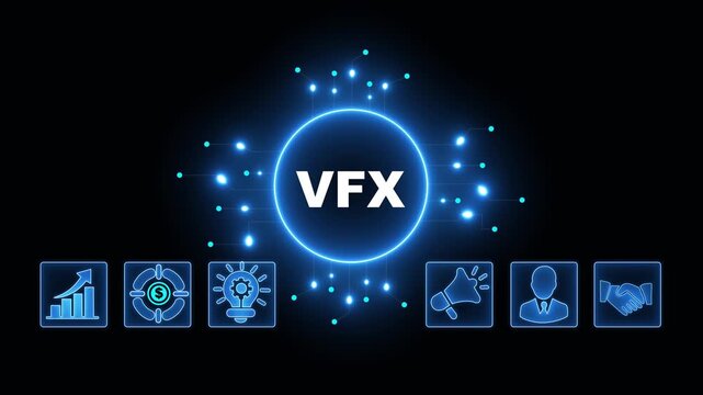 VFX Acronym on Central Circuit Board. Digital Data Neon Circuit Board Concept. Idea, Growth, Target, Marketing, Lock, and Person Icons. Digital Technology Blue Background. 4k Video