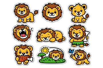 Obraz premium Cute cartoon lion stickers featuring playful and adorable expressions.
