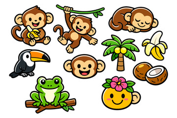 Fototapeta premium Cute cartoon jungle animals and tropical elements with monkeys, toucan, frog, and fruits.