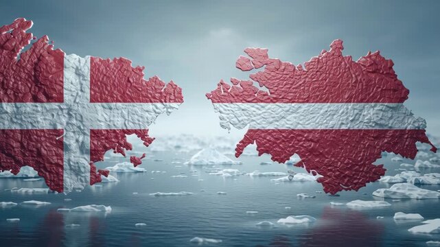 Map of Denmark in red and white colors floating on icy water representing the country's geography and climate.