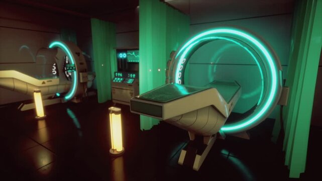 Neonlit cryogenic chamber with examination bed, circular hibernation pods and control consoles bathed in teal light, sterile metal surfaces, diagnostic screens