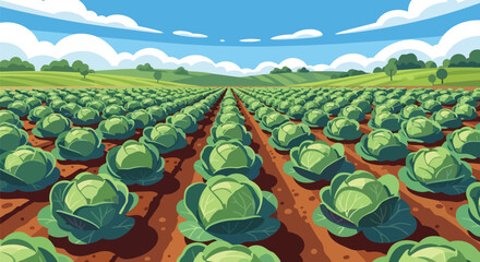 Fototapeta premium Vibrant Cabbage Field Plantation in Sunny Rural Landscape