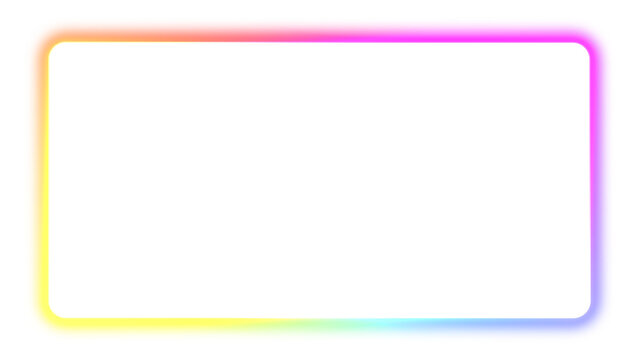 Abstract gradient neon rectangle frame isolated on transparent, vibrant rainbow color LED sign for design, multicolored laser light spectrum presentation, empty futuristic glowing line illustration
