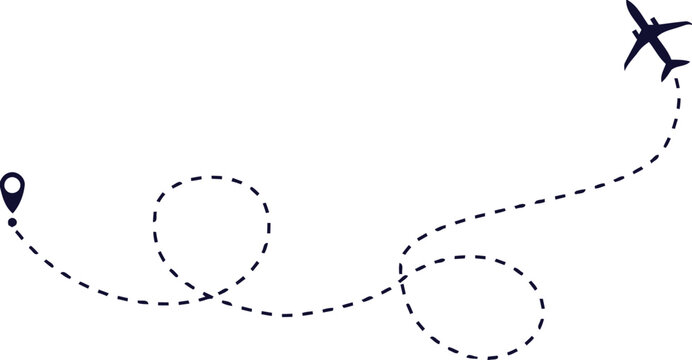Airplane flight path illustration with dotted line and pin
