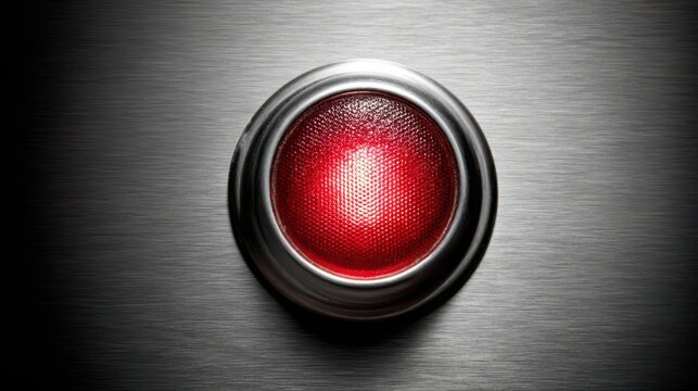 Close-up of a glowing red illuminated emergency stop button on a brushed metal industrial panel