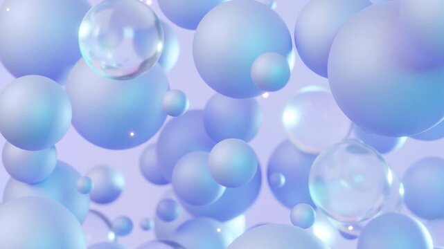 Abstract 3d spheres loop animation. Modern light background, seamless motion design, screensaver, backdrop. 4k animated banner. random balls, glowing particles, bubbles
