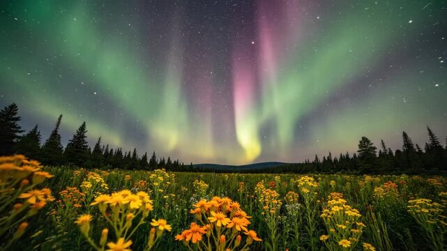 Vibrant green and pink aurora borealis curtains illuminating a starry night sky above a field of yellow wildflowers and a dark evergreen forest in the remote northern wilderness.