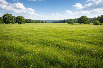 Fototapeta premium A vast green meadow under a blue sky with fluffy clouds.