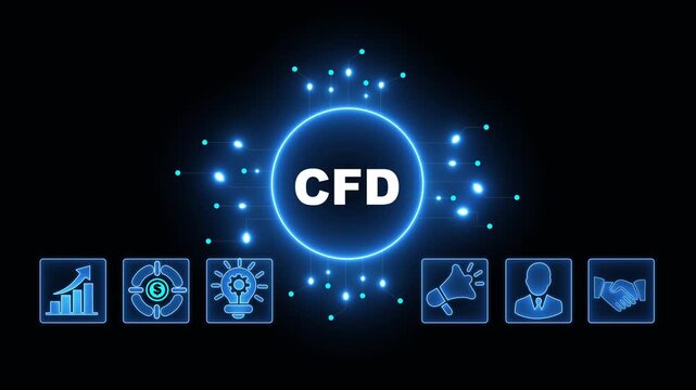 CFD Acronym on Central Circuit Board. Digital Data Neon Circuit Board Concept. Idea, Growth, Target, Marketing, Lock, and Person Icons. Digital Technology Blue Background. 4k Video