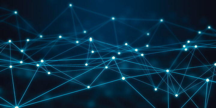 Abstract background with a technological network structure featuring blue dots and lines representing global connectivity. Flow of information and data