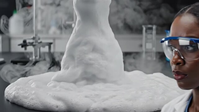 Black Female Scientist Watching Elephant Toothpaste Eruption in Lab Slow Motion