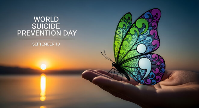 A hand gently holds a vibrant butterfly symbolizing world suicide prevention day awareness high quality professional