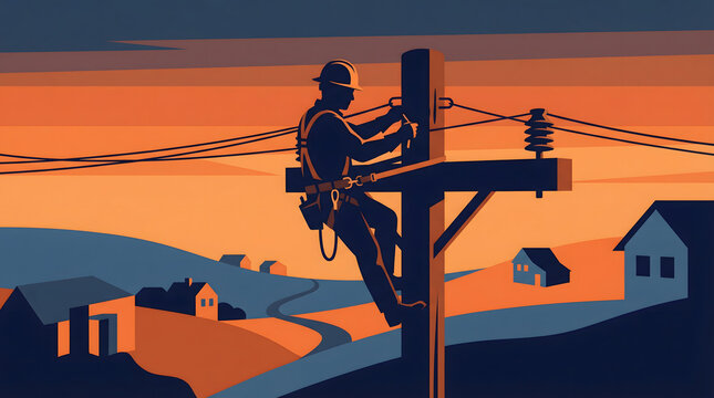 Dramatic flat illustration of an electrical lineworker repairing power lines on a wooden pole at sunset. Minimalist vector art featuring a rural landscape silhouette with vibrant orange and blue.