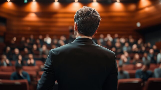 A person in a suit addresses a seated audience in a modern auditorium with warm wood paneling