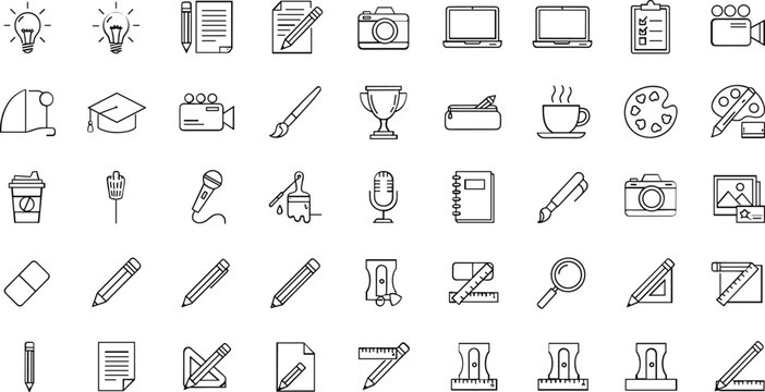 Education stationery creativity line icons set featuring school supplies drawing tools art learning equipment outline vector collection