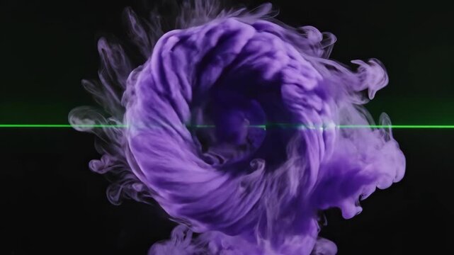 Purple Toroidal Smoke Ring in Green Laser Light on Black Background Slow Motion