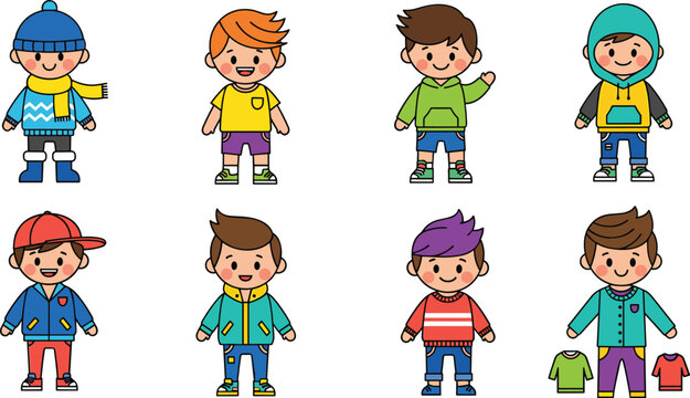 Cute cartoon boys characters collection with different outfits hairstyles and casual clothing in colorful flat vector illustration set