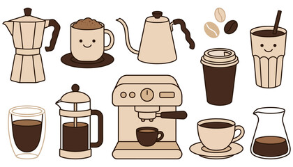 Obraz premium Collection of illustrated coffee making equipment beans and various coffee drinks in a charming simplified style espresso latte cappuccino mocha macchiato coffee beans coffee maker