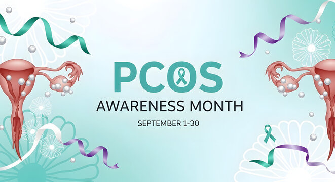 Polycystic ovary syndrome awareness month illustration with reproductive organs ribbons and pearls high quality professional detailed