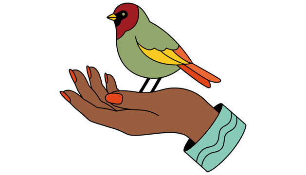 A small colorful bird with red green and yellow plumage rests gently on an open brown hand with orange nail polish perched animal nature wildlife resting gentle orange nails