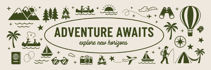 venture away, explore new horizons, line art illustration, hand drawn adventure, nature trail, forest hike, outdoor activities doodles   © Geetaroy