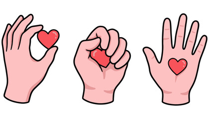 Fototapeta premium Three stylized pink human hands in different poses each displaying a small red heart symbol representing care and connection love compassion kindness emotion gesture holding