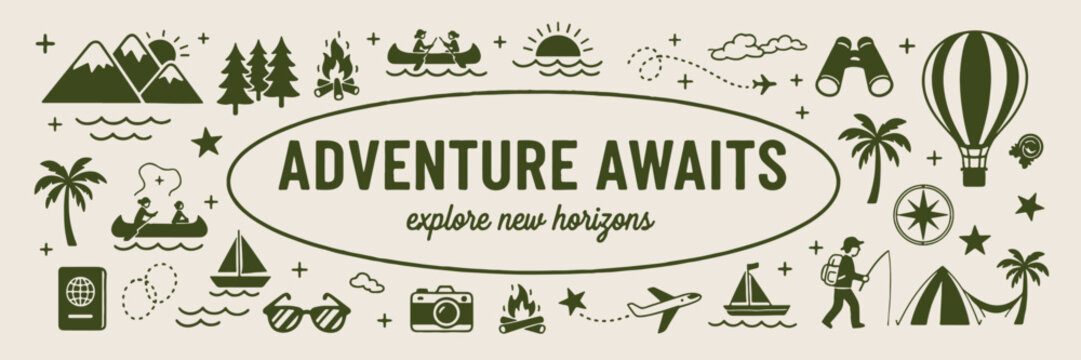 venture away, explore new horizons, line art illustration, hand drawn adventure, nature trail, forest hike, outdoor activities doodles

