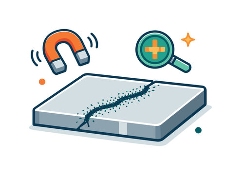 Magnetic particle inspection for detecting micro cracks in industrial metal components, a simple metal surface with fine particles aligning along a subtle fracture line symbolizing