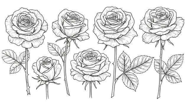 Hand drawn sketch illustrations of various blooming roses with detailed petals and leaves against a white backdrop Roses sketched 181 flower flowers floral drawing botanical