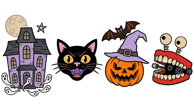 A collection of four spooky Halloween illustrations featuring a haunted house with ghosts a black cat a jack o'lantern with a bat and a chattering set of teeth jack o lantern