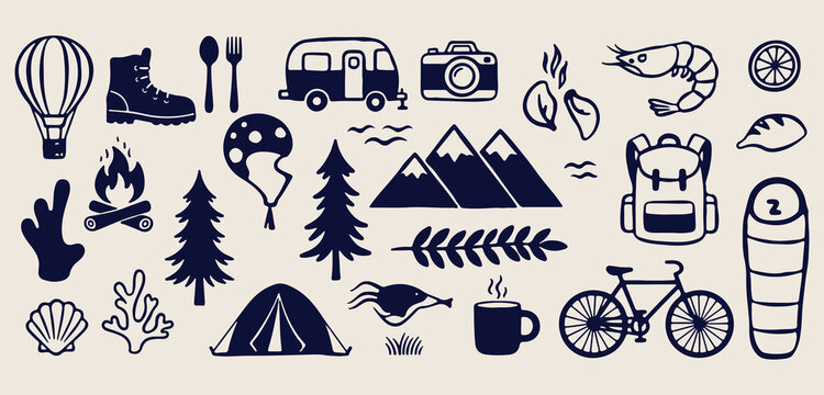 Camping and hiking icons, outdoor adventure doodles, mountain exploration illustrations, nature travel graphics, survival equipment symbols, wilderness holiday sketches, forest recreation elements
