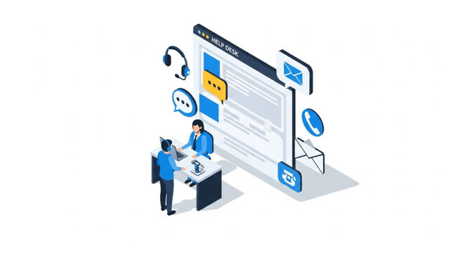 Isometric Customer Service Illustration - Two Agents Assisting Customers Online.