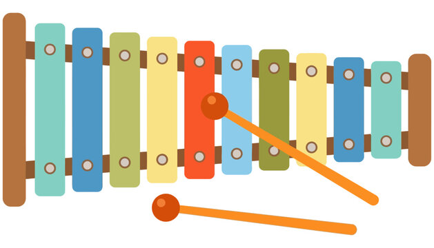 A colorful xylophone with two orange mallets rests horizontally displaying eleven different colored bars and wooden supports music instrument toy children sound melody percussion