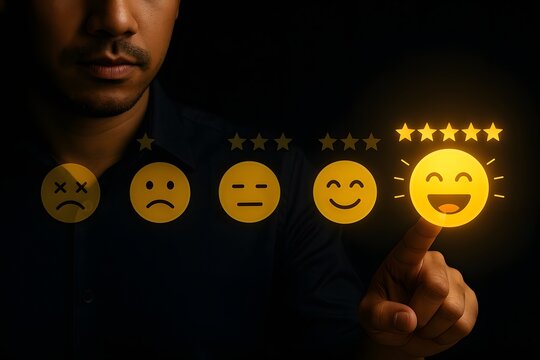 User selecting five star satisfaction icon on feedback scale, highlighting experience, sentiment analysis, and service quality