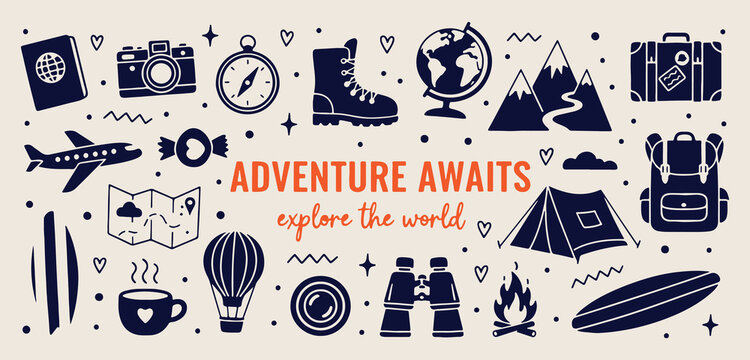Adventure travel doodles, hand drawn camping icons, wanderlust outdoor elements, mountains and hiking sketches, scout badges collection, travel journal clipart, minimalist line art set**
