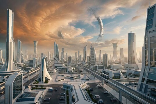 Futuristic Gleaming White and Metallic City under Partially Terraformed Sky, Awaiting First Inhabitants in a Hard Sci-Fi Establishing Shot