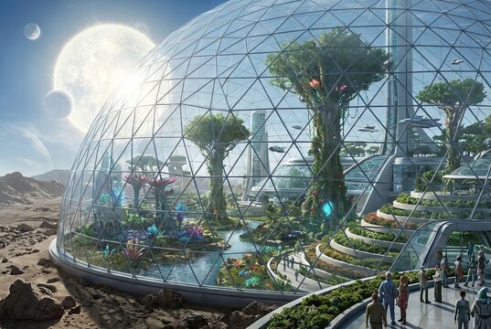 Vast Biodome Settlement on an Alien World with Lush Terrestrial and Alien Vegetation