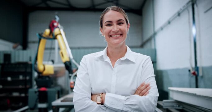 Woman, face and arms crossed at warehouse for robotics with smile, pride and futuristic engineering. Person, happy and technician in portrait for automated machine, confidence and career in Germany