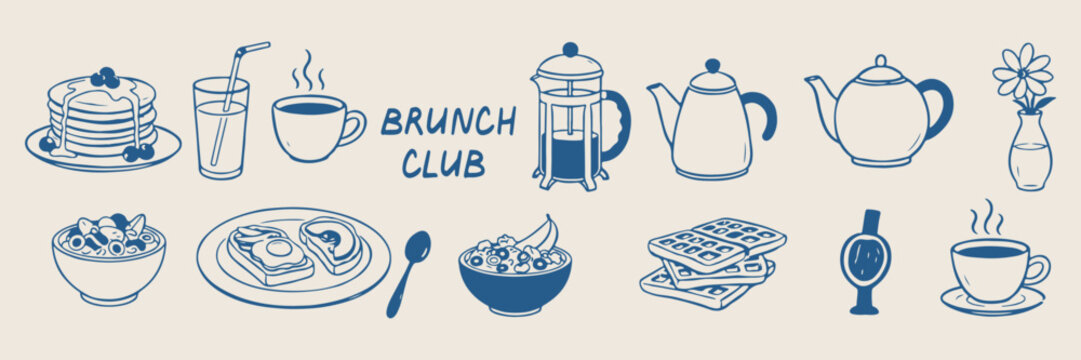Morning breakfast buffet, hand drawn pastry and eggs icons, cafe brunch menu sketches, continental breakfast doodles, coffee and juice line art, hotel catering elements, morning meal clipart**
