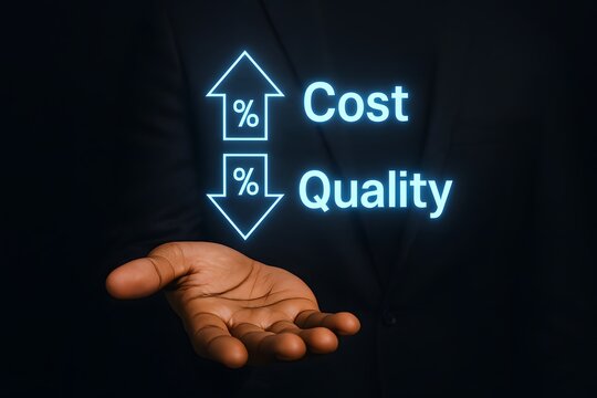 An open hand presenting glowing digital icons indicating increased cost and simultaneously decreased quality, representing a significant business challenge.