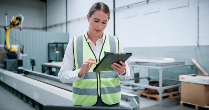 Woman, engineer and reading with tablet at warehouse for research, machine update and technical guide. Person, digital or production manual, automation safety and diagnostics report for manufacturing