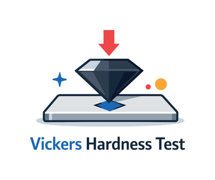 Vickers hardness testing for measuring material resistance to deformation in metallurgical analysis, a sharp diamond indenter pressing into a flat surface leaving a small geometric