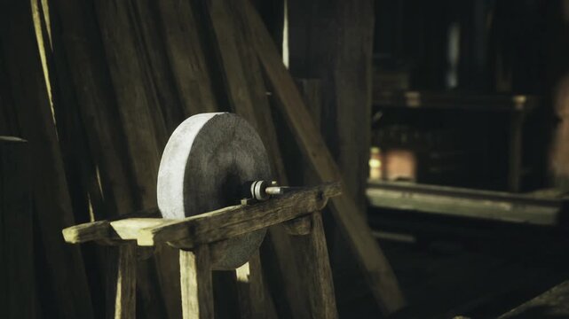 Moody grindstone center in workshop, heavy stone wheel balanced on rough timber frame, ambient shadows pooling around scattered scraps and oil stains, sense