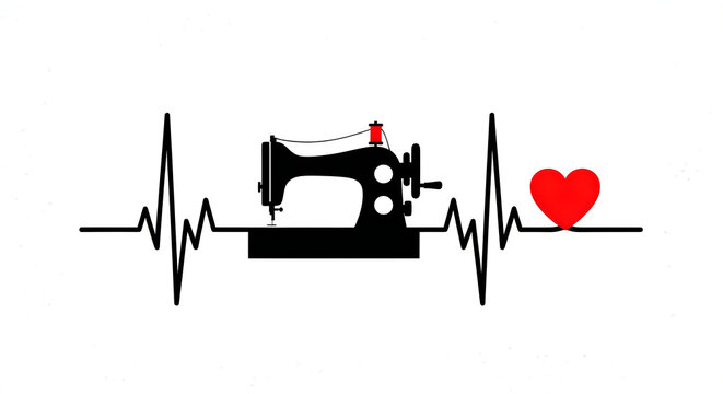 Sewing machine heartbeat pulse line with red heart, creative hobby concept