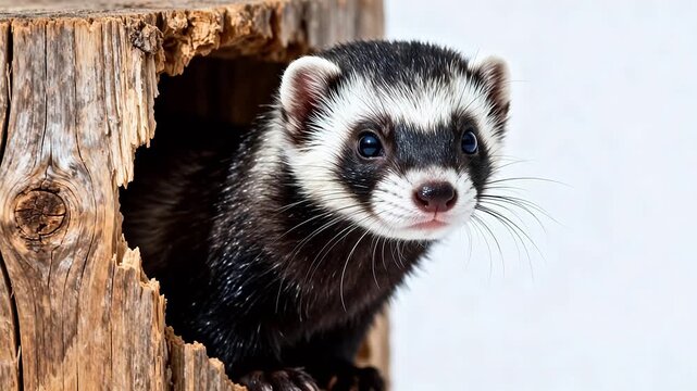 Ferret peeking from wooden hole