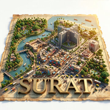 3D isometric map illustration of Surat, Gujarat, featuring Chowk Bazaar, Surat Castle, and Tapi River on vintage parchment.