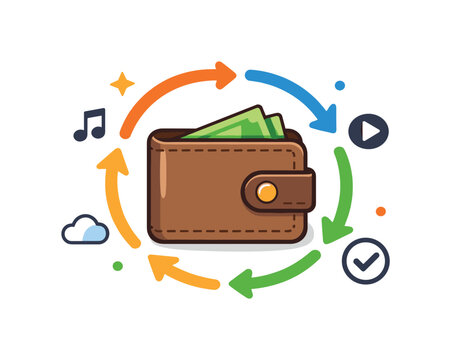 Subscription fatigue and managing multiple recurring digital services in everyday life, a simple wallet icon with several small looping arrows around it representing repeated