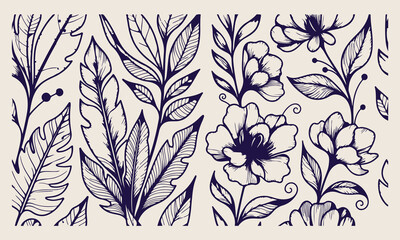 Wildflower bouquet sketches, hand drawn meadow floral icons, rustic country garden doodles, botanical spring blossom elements, delicate flower arrangement clipart, feminine nature line art, herb and b © Geetaroy