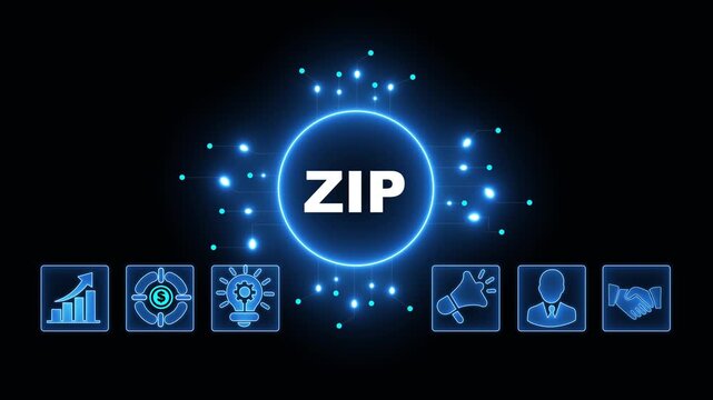 ZIP Acronym on Central Circuit Board. Digital Data Neon Circuit Board Concept. Idea, Growth, Target, Marketing, Lock, and Person Icons. Digital Technology Blue Background. 4k Video