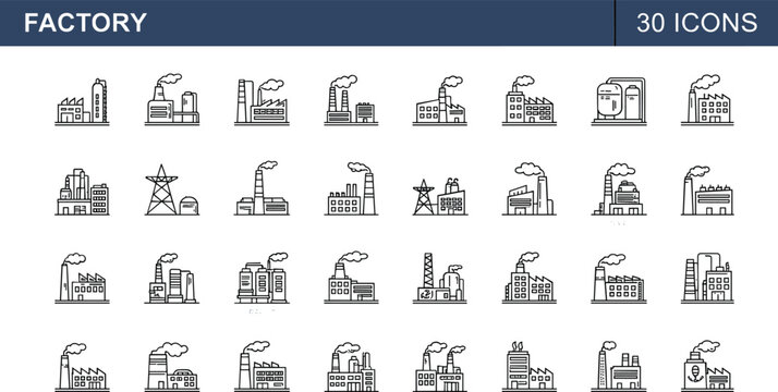 Factory industrial building and manufacturing plant icon set with production facilities warehouses chimneys power industry infrastructure symbols collection